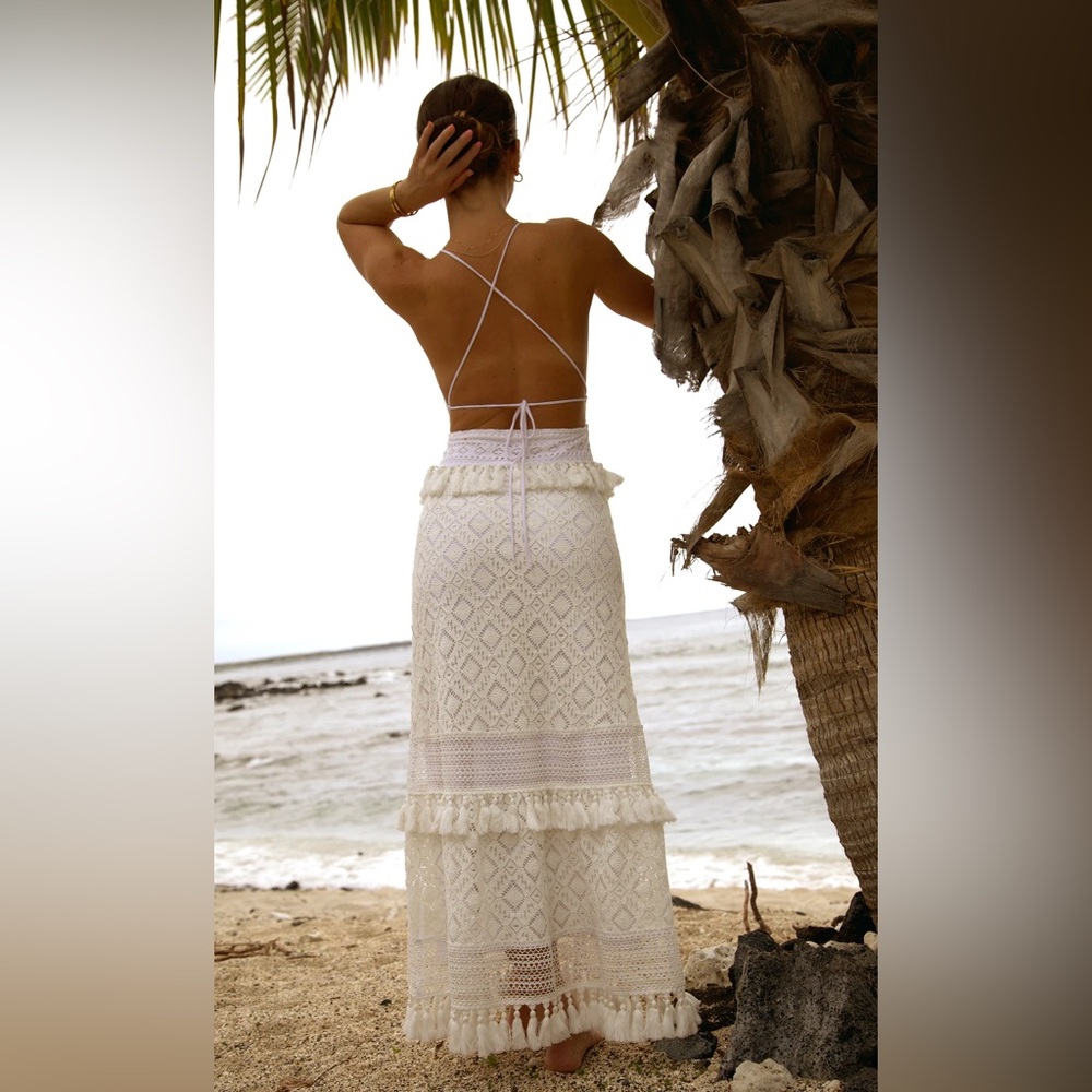 NIGHTCAP Free People *Lima* white crochet lace midi dress w tassels L - Picture 4 of 13